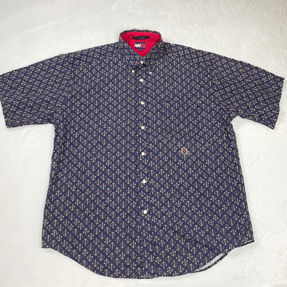 Tommy Hilfiger Button Down Cotton Mens L Navy Blue Excellent Nautical Anchors